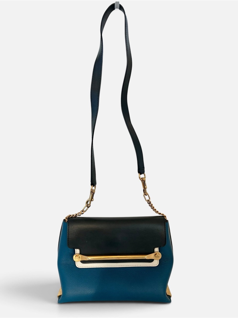 Chloé Clare Shoulder Crossbody Bag Blue Black Leather Gold HW Auth Card Italy
